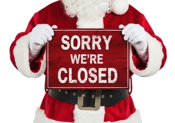 Santa claus holding a red wooden sign that says sorry were closed