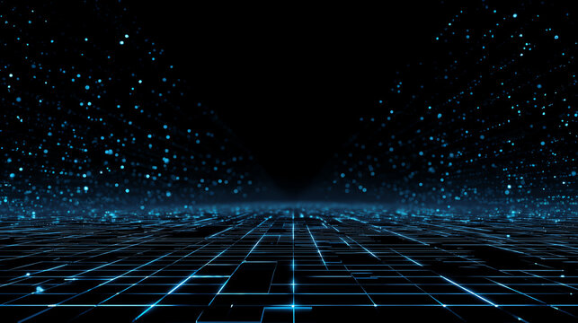 A futuristic digital landscape with glowing blue grids and particles in a dark void, perfect for tech-related projects.