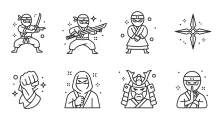 Icon Set of Ninjas, Samurai, and Martial Arts with Traditional Japanese Elements