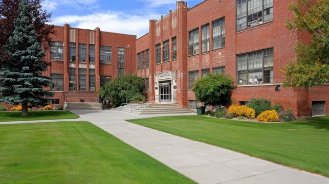 Historic red brick institutional building facade stands behind manicured lawn and concrete walkway