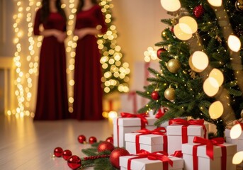 Two women in red dresses standing near a decorated christmas tree with gifts and bokeh lights, creating a festive holiday atmosphere