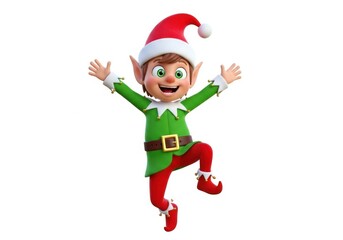 Happy cartoon elf wearing a green suit and red hat, jumping with joy