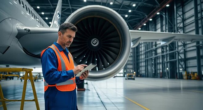 Aircraft mechanic standing near plane engine. Aviation technician in uniform by wing. Man in hangar beside jet. Professional maintenance worker at airport.