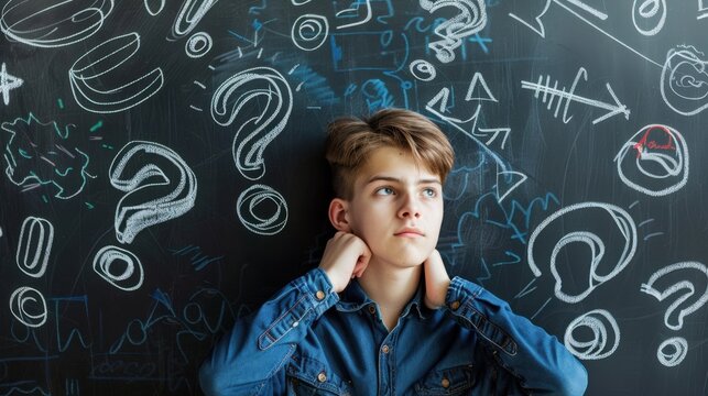 A young Caucasian boy with light brown hair sits in front of a blackboard filled with question marks and doodles. He appears thoughtful and contemplative.