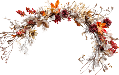 Decorative fall wreath made of natural dried flowers twigs and tied with rustic ribbon isolated on transparent background PNG