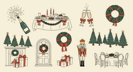 Joyful festive holiday season vector illustration set featuring various christmas and new year celebration elements, including decorations, food, and gifts, for design.