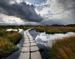 serene landscape with winding stone pathway over reflective wetlands under cloudy sky surrounded