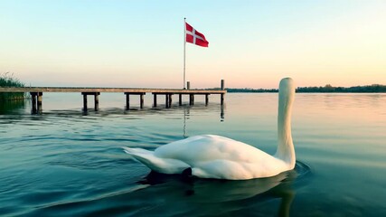 Swan swimming toward pier with danish flag at sunset. National bird of denmark gliding on water. Wildlife symbolism and country pride concept.
