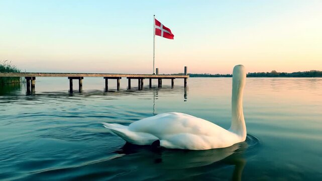 Swan swimming toward pier with danish flag at sunset. National bird of denmark gliding on water. Wildlife symbolism and country pride concept.
