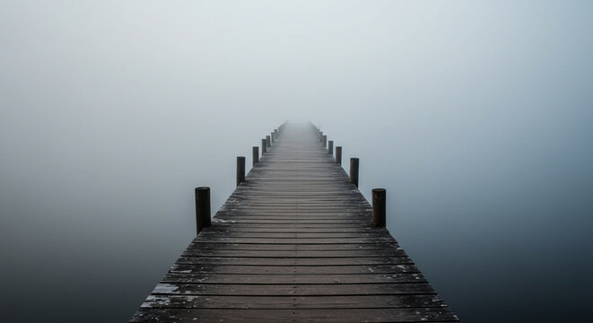 Foggy pier leading into misty water