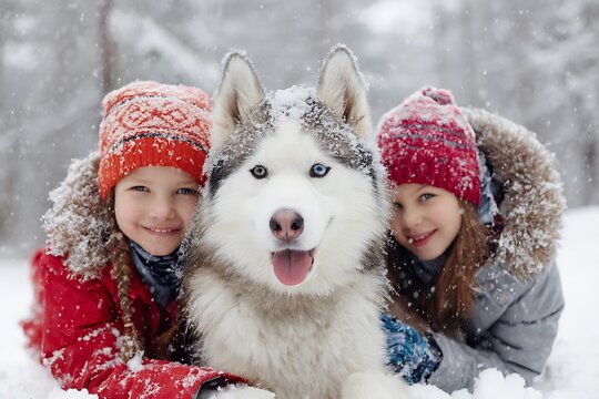 Two happy girls and their beautiful husky dog enjoying a playful and joyful winter day in the snow.