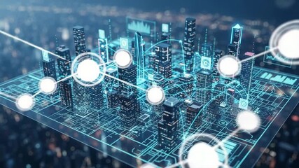 Futuristic cityscape with digital connections and glowing elements,   Digital map connections between city buildings, lines are shining and moving, cool hues and futuristic atmosphere - Powered by Adobe