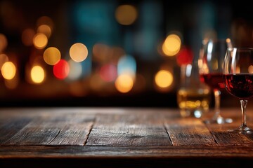 Cozy Bar Ambiance: Wine glasses and whiskey, a warm inviting, and romantic setting, evoking a sense of tranquility. The wooden table stands in the foreground with bokeh background.
