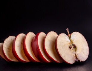 sliced red apple pieces arranged in a line on black background showcasing fresh fruit texture