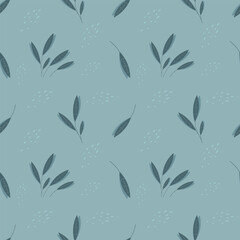 Modern seamless pattern with wild floral elements in cold tones. Hand-drawn vector sketch illustration in doodle style. Wallpaper, Scrapbook, background