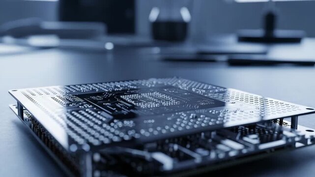Close-up of electronic circuit board on workspace with tools ,  Quantum computing chip on lab table, camera zooms in, metallic surfaces and cool technical light
