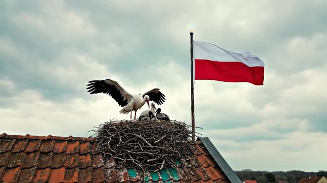 White storks building family nest on rooftop beside Polish flag. National bird of Poland in natural habitat with country symbol waving in wind