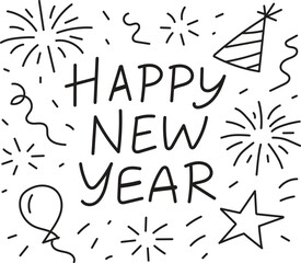 Happy new year doodle illustration with festive elements like fireworks, party hat, and balloon