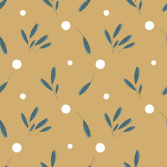 Modern seamless pattern with wild floral elements and snowflakes in cold tones. Hand-drawn vector sketch illustration in doodle style. Wallpaper, Scrapbook,New Year's background