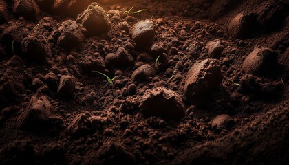 the image shows a detailed closeup of dark moist soil