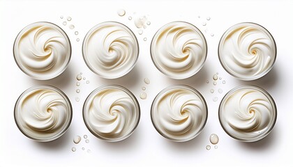 four white creamy swirls with droplets isolated on a white background