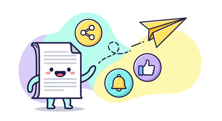 Cute cartoon character holding a document with social media icons and a paper airplane flying overhead