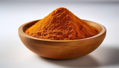 orange spice powder fills a wooden bowl on a white background casting a soft shadow