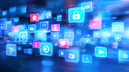 Colorful digital icons display social media platforms and online activities against a blue backdrop. The design highlights the importance of technology in daily life and communication