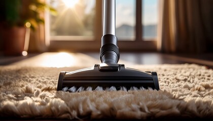 a close up shot of a vacuum cleaner head on a fluffy carpet showcasing cleaning and household maintenance