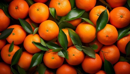 fresh ripe oranges with green leaves densely covering a bright surface for natural healthy fruit