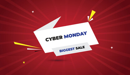 Cyber Monday biggest sale web banner vector art template design badge icon label white gray shapes black blue bold text dark red light sun shine abstract business background promotion marketing online