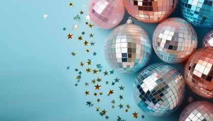 a vibrant and cheerful composition featuring a cluster of disco balls in pastel colors against a light blue background perfect for party decorations