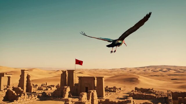 Bird soaring over desert pyramids with red flags. National animal in flight near country emblem, ancient ruins landscape animation