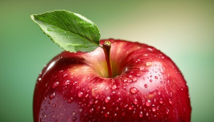 vibrant red apple with a fresh green leaf showcases healthy eating and natural beauty