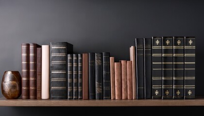 dark modern bookshelf with organized vintage hardcover books against a minimalist wall background
