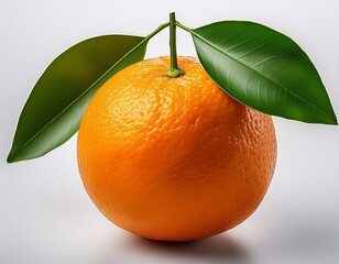 an orange with green leaves is centered against a white background
