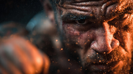 Intense close-up of a muscular male fighter mid-punch, covered in sweat and grit, symbolizing strength, determination, and raw power.