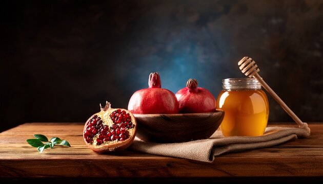 still life composition of ripe pomegranates in wooden bowl and honey jar on rustic wooden table