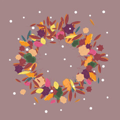 Doodle collection of tree leaves. Vector Autumn round frame, wreath. Background with hand-drawn autumn leaves with a place for your text