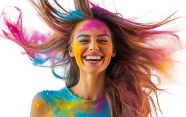 Smiling woman with a vibrant color trail across her face celebrating a joyful festival of colors isolated on transparent background PNG