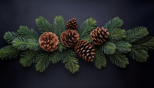 evergreen garland with pinecones adorns a dark backdrop