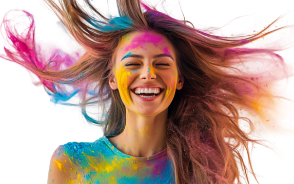 Smiling woman with a vibrant color trail across her face celebrating a joyful festival of colors isolated on transparent background PNG
