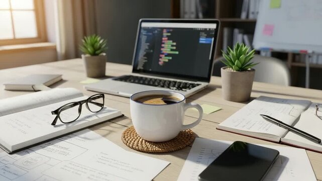 Home office workspace with laptop, coffee cup, and plants  ,Coffee mug is steaming on work desk, camera slowly pans, relaxed atmosphere and afternoon light 