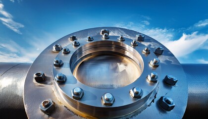robust industrial pipeline flange with gleaming bolts against a clear sky