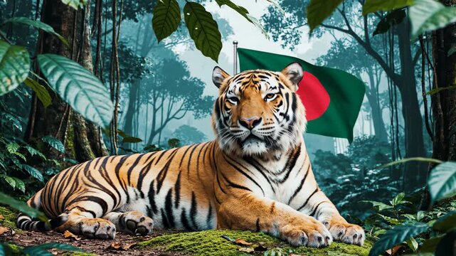 Bengal tiger lounging in misty jungle with Bangladesh flag nearby. National animal embodying wildlife strength and national pride. Symbol of biodiversity and sovereignty in tropical forest habitat.