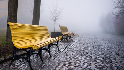a yellow park bench sits on a stonepaved street in foggy conditions with another bench blurred in the background