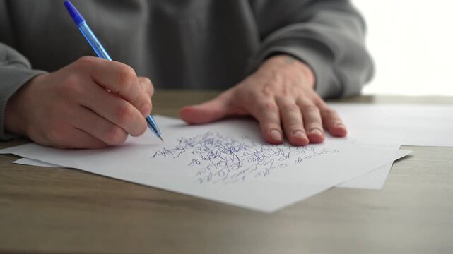 A journalist works in an office and writes a script for a story.
Editing a text.
Working in an office and publishing an article.
A person fills out a document with a pen.
Education, work, office, pen