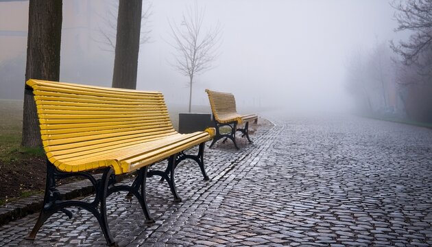a yellow park bench sits on a stonepaved street in foggy conditions with another bench blurred in the background