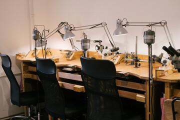 Workshop workbench lamp tools craft chairs jewelry bench with task lighting and magnifiers for detailed repairs and design wooden stations for metalwork