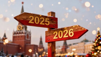 Obraz premium A Beautiful Holiday Scene Featuring Two Directional Signs Indicating the Years 2025 and 2026, with Festive Decorations and a Magical Atmosphere